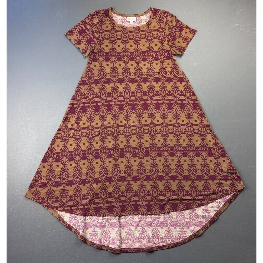 LuLaRoe Carly Dress Women's Size XXS Maroon Geometric High Low Swing Boho Casual